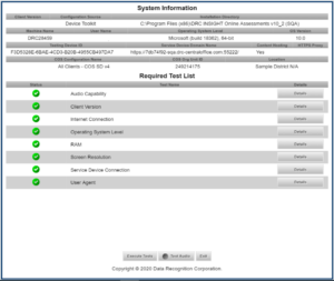 Screenshot of the System Information Page showing the system information, and green check marks in the status field for all of the Required Test List fields.