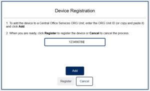 Screenshot of Device Registration window with "123456789" entered in the field.