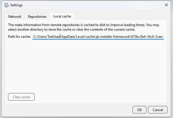 Screenshot of the "Local cache" tab within the Maintenance tool settings.