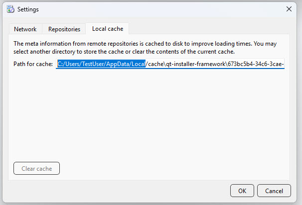Screenshot of the "Local cache" tab within the Maintenance tool settings with the following highlighted: C:/Users/TestUser/AppData/Local
